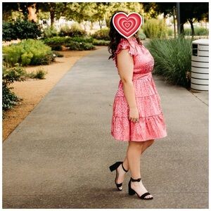 JODIFL Pink Jacquard Leopard Ruffle Dress | Mock Neck Tie Waist | Size M